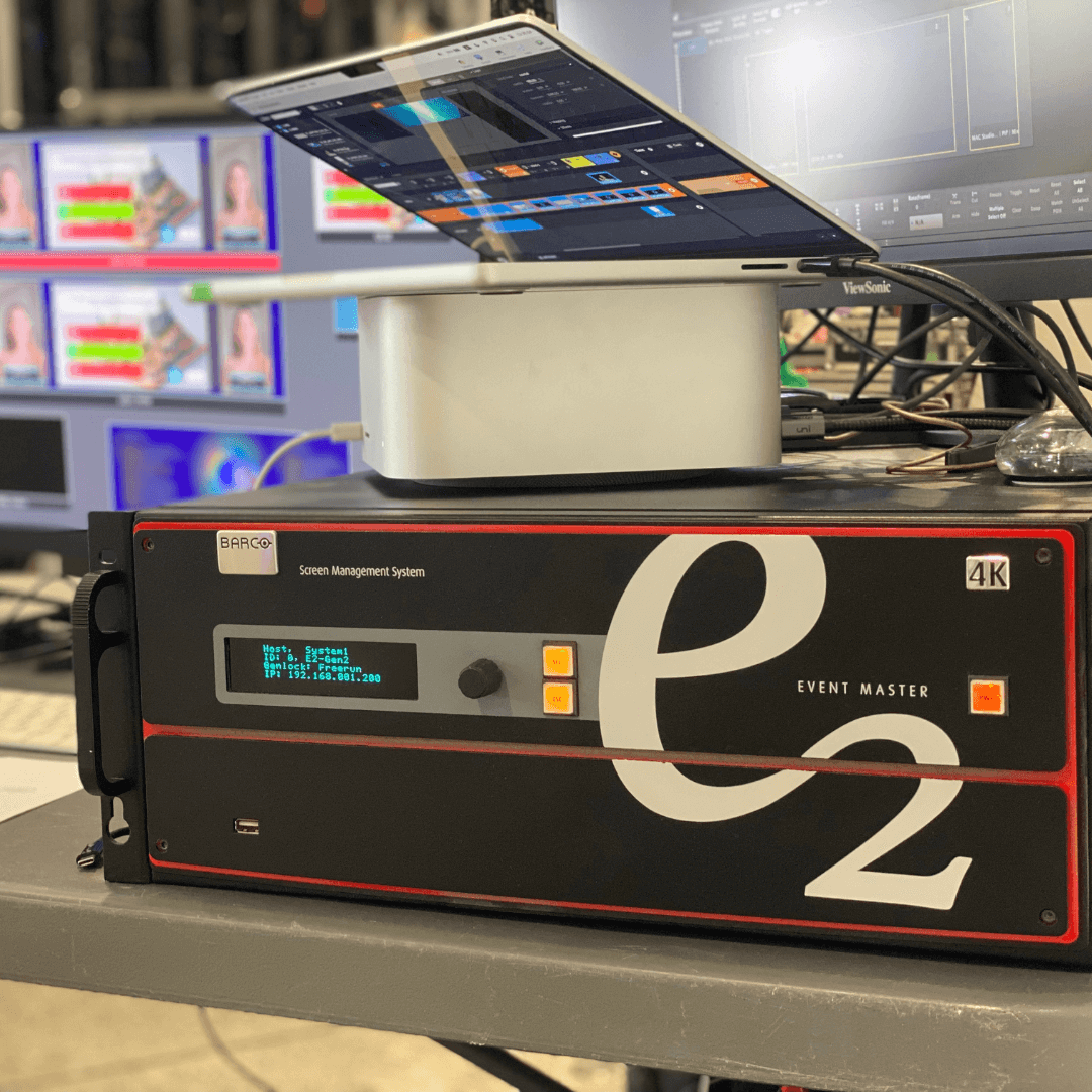 Barco E2, Video console for video playback and video control table with audiovisual equipment